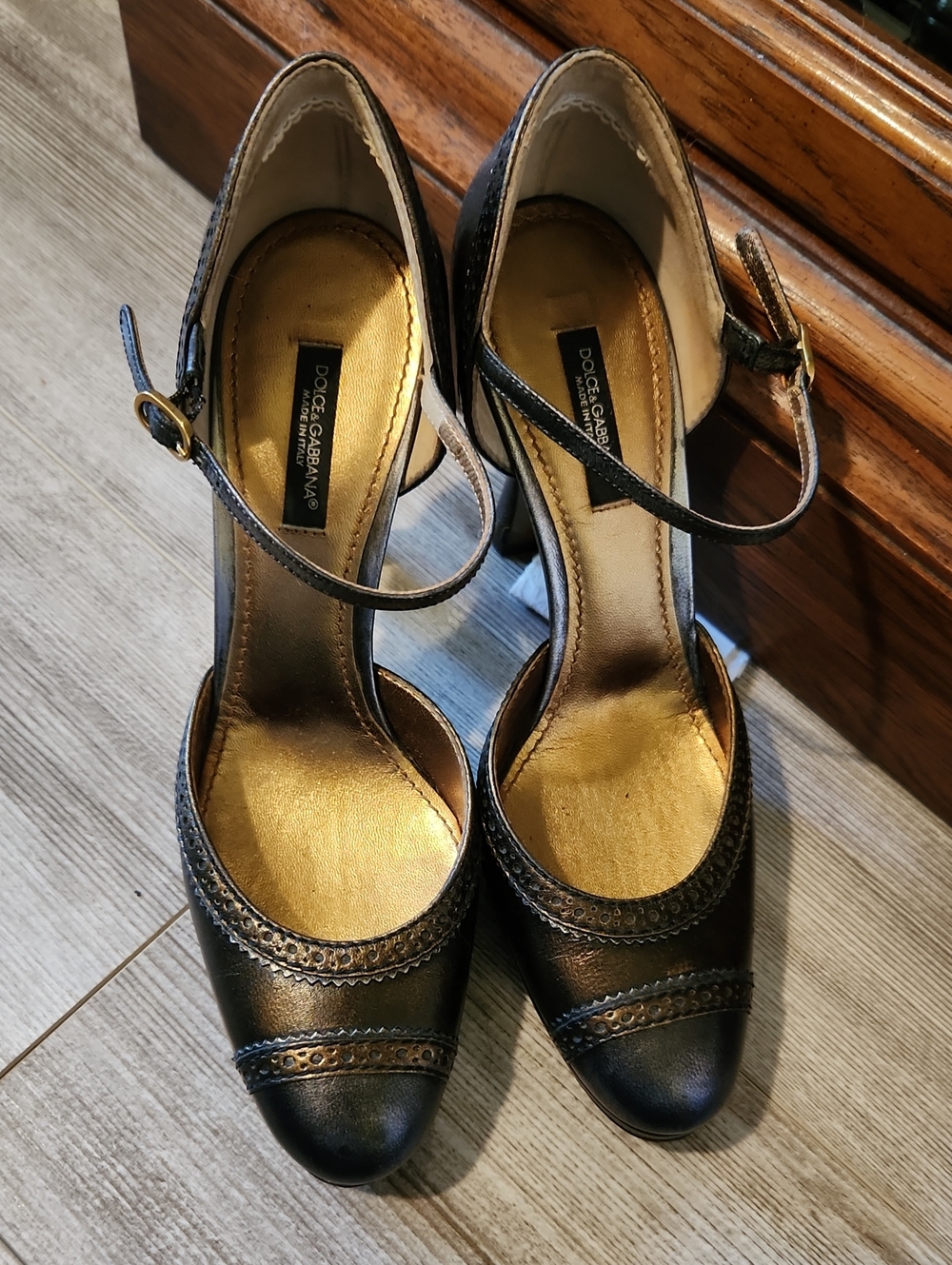 Dolce & Gabbana Gun Metal Leather Mary Jane Heels with Gold Insole